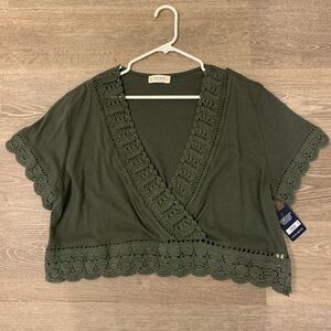 Lucky Brand Dark Green V-Neck Top with Crochet Trim